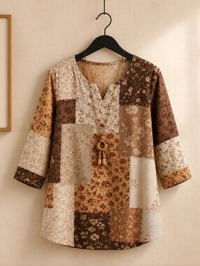 Patchwork Floral Tunic Top in Brown and Cream